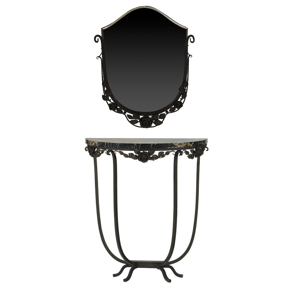 Appraisal: Art Deco Wrought Iron Marble Top Console Table with Mirror