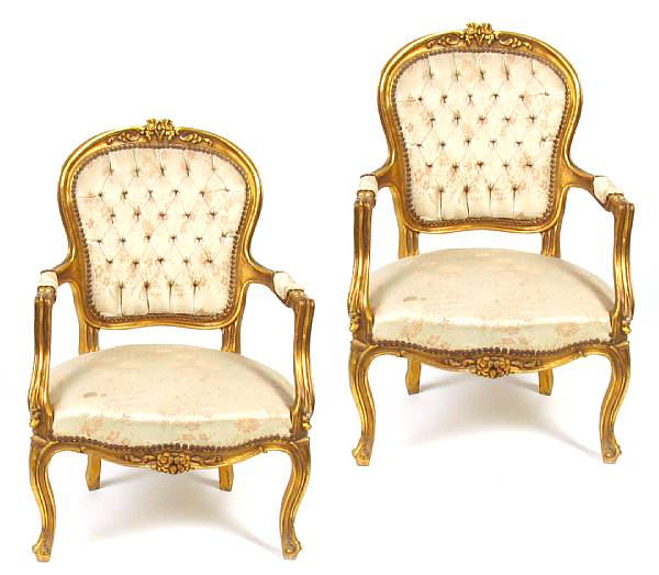 Appraisal: A Louis XV style gilt tufted upholstered armchair height in