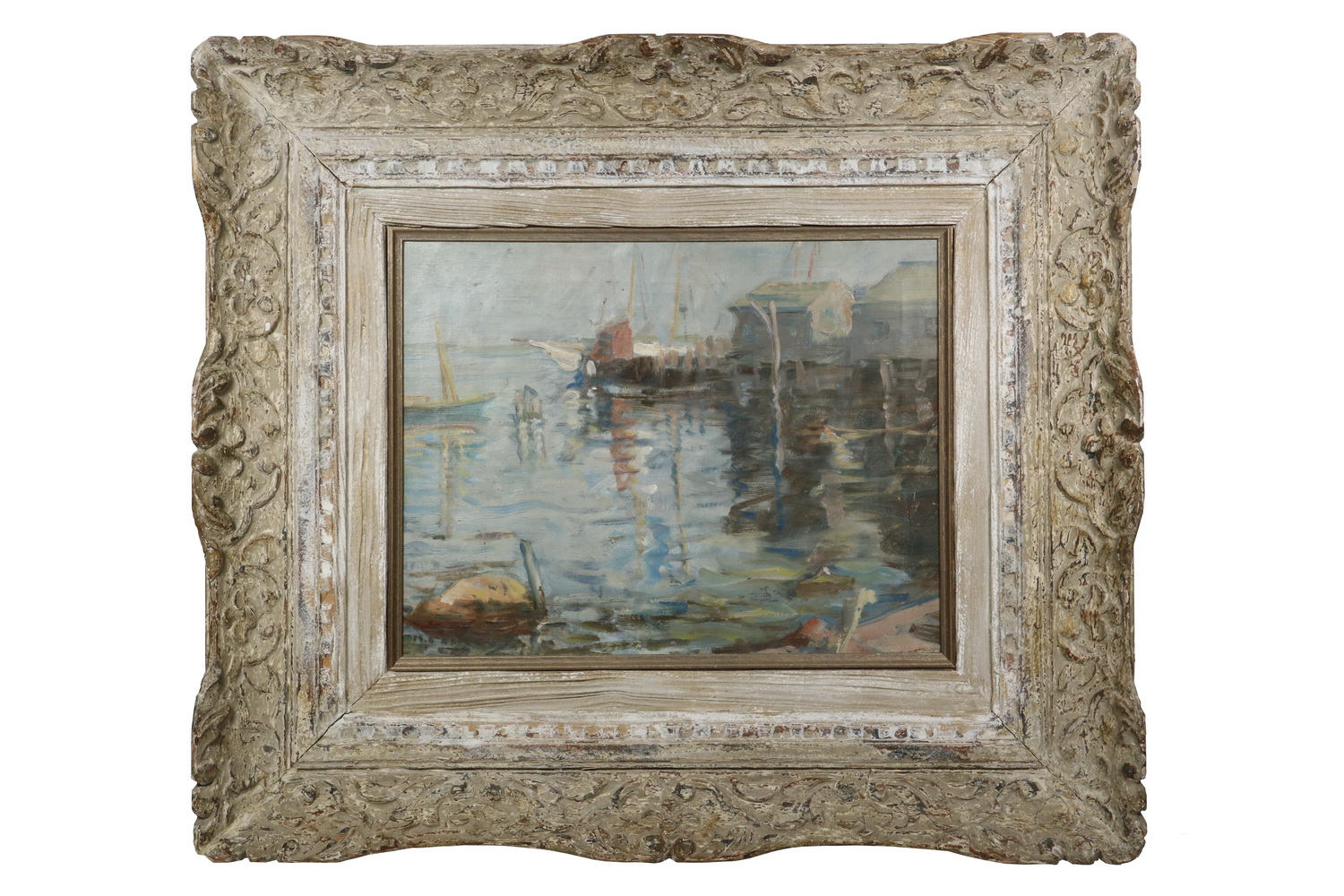 Appraisal: M E ROBERTS TH C AMERICAN Gloucester Harbor oil on