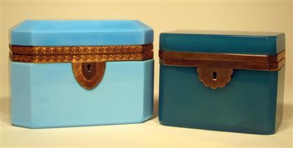 Appraisal: Two French gilt metal mounted blue opaline glass casket boxes