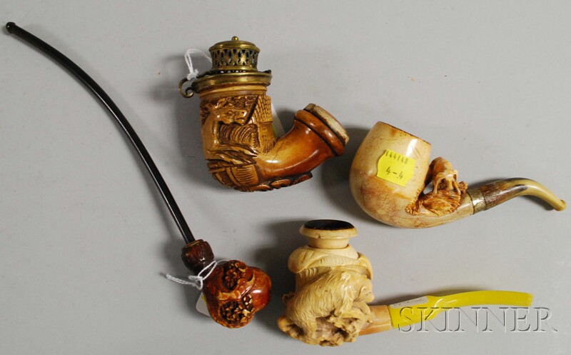 Appraisal: Four Carved Meerschaum Tobacco and Cheroot Pipes