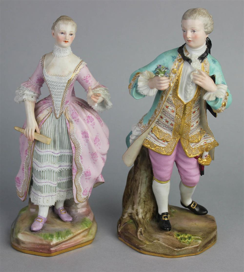 Appraisal: TWO MEISSEN FIGURES OF A LADY AND COMPANION late th