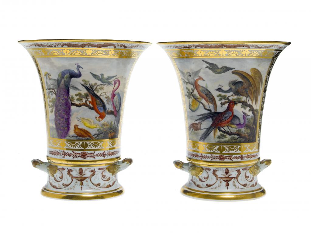 Appraisal: A PAIR OF DERBY VASES AND STANDS of flared cylindrical