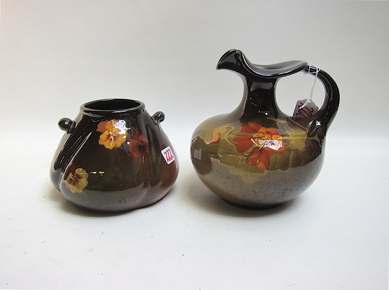 Appraisal: TWO WELLER ART POTTERY PIECES standard brown glaze with floral