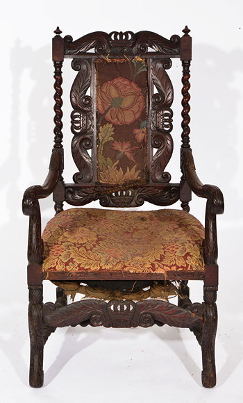 Appraisal: A TH CENTURY CAROLEAN STYLE MAHOGANY OPEN ARMCHAIR with spindle