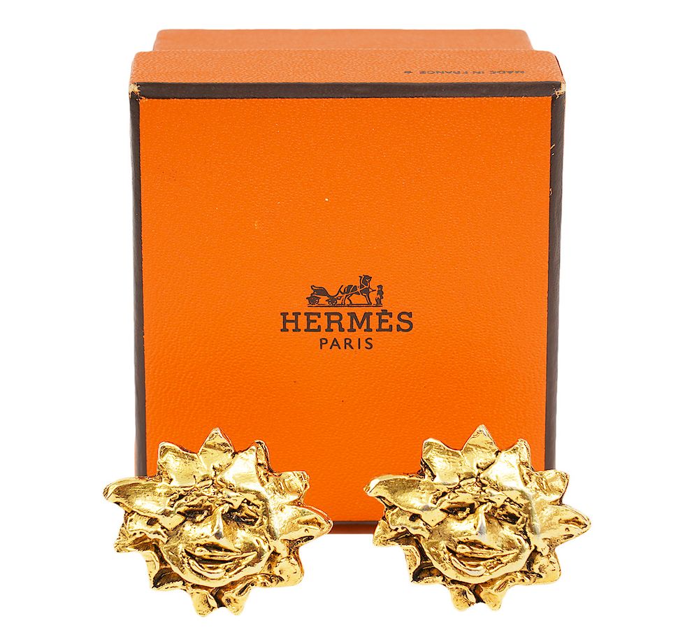 Appraisal: Herm s Gold Tone Sun Clip On Earrings Gold tone