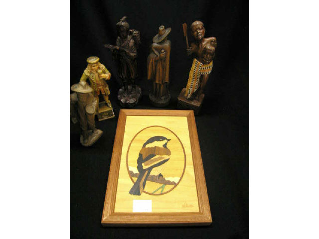 Appraisal: Wood Carvings Figurines and a marquetry plaque of a bird