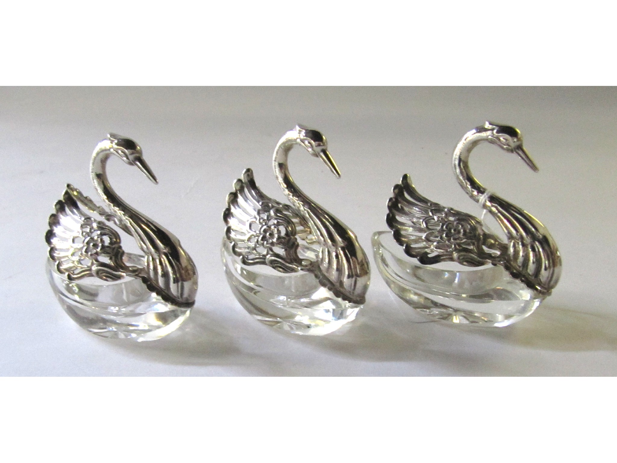 Appraisal: A set of three continental silver and glass 'swan' trinket