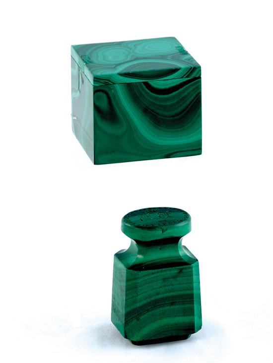 Appraisal: Malachite box and wax seal square covered box H and