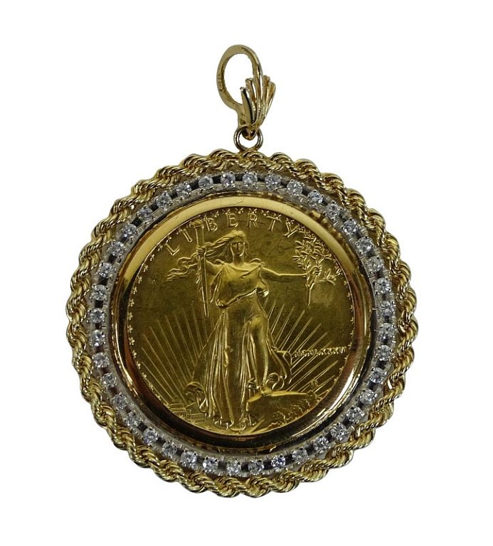 Appraisal: US Gold and Diamond Coin Pendant St Gaudens US Gold