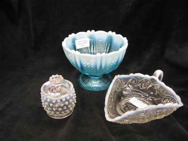 Appraisal: pcs Opalescent Art Glass blue bowl white nappy hobnail mustard