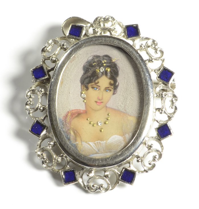 Appraisal: MINIATURE PORTRAIT PENDANT BROOCH framed in k white gold with