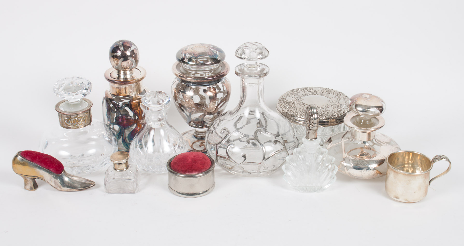 Appraisal: Four silver overlay on glass vanity items together with cut