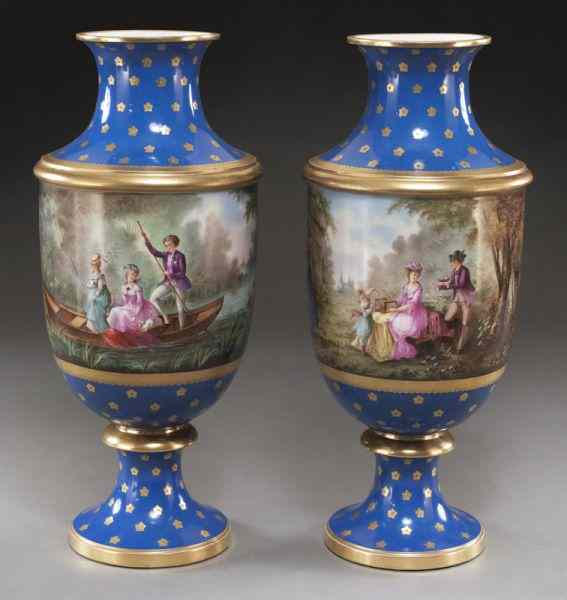 Appraisal: Pr Sevres style porcelain vases with celeste bluegrounds decorated with