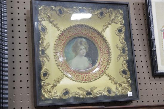 Appraisal: FRAMED DRESDEN ART PLATE Tin plate depicting a Victorian woman