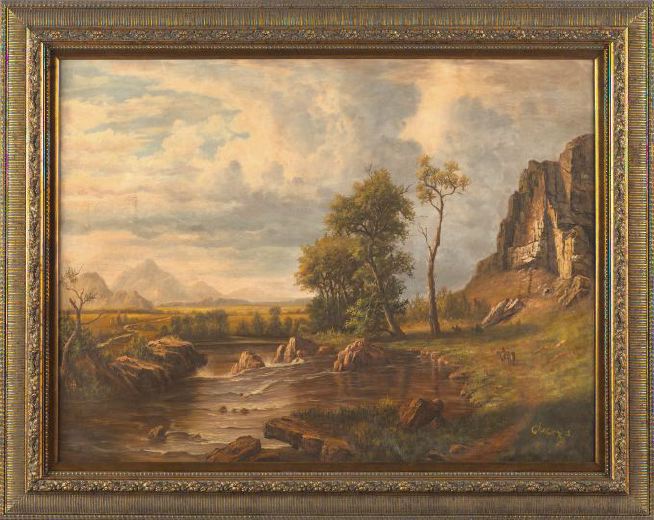 Appraisal: Continental School st Century Vast River Landscape with Travelers oil