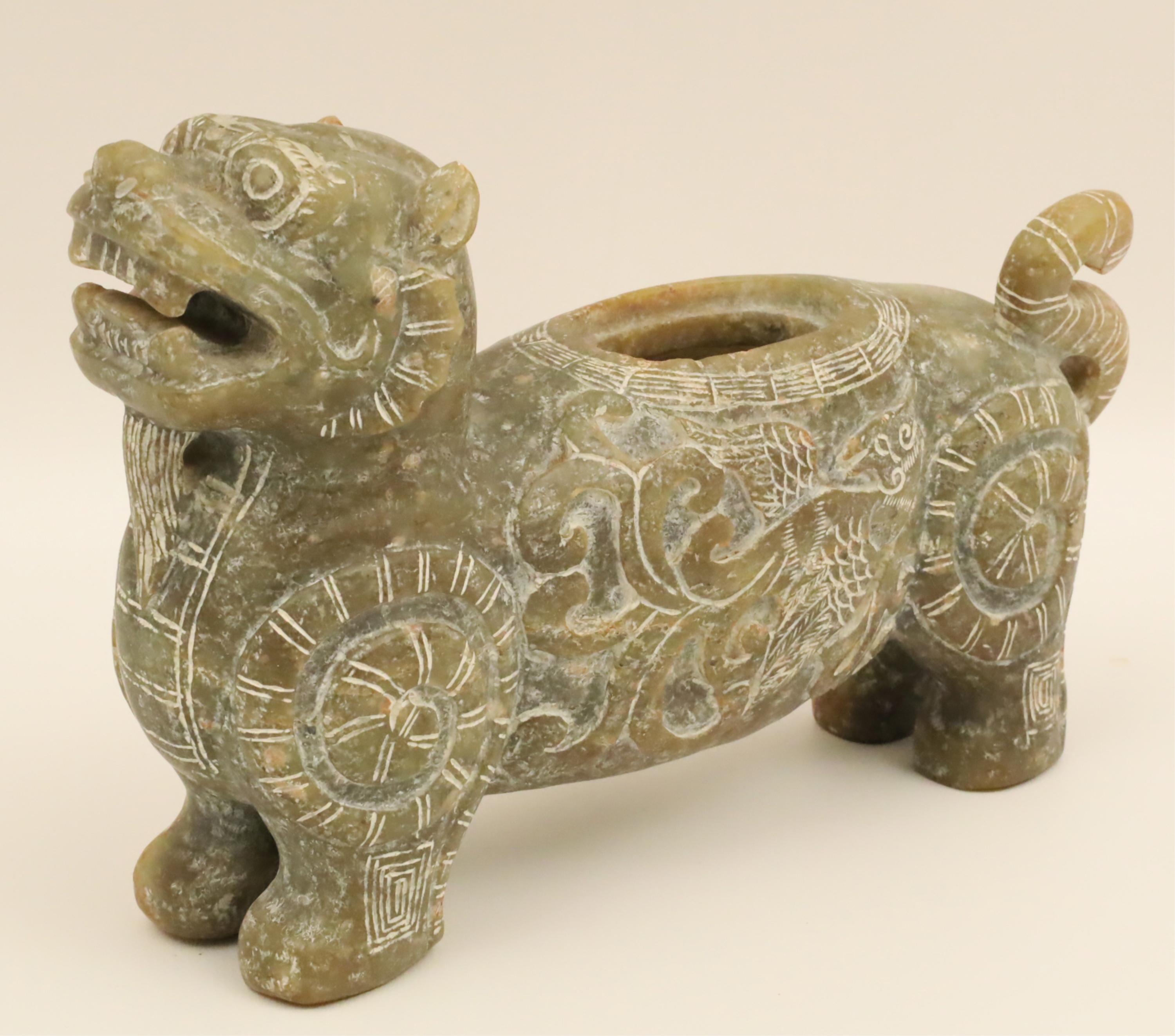 Appraisal: CHINESE CARVED STONE TIGER VESSEL Chinese carved stone tiger vessel