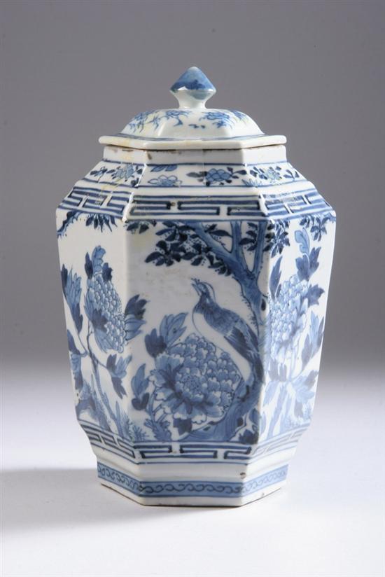 Appraisal: CHINESE BLUE AND WHITE PORCELAIN HEXAGONAL JAR AND COVER Kangxi