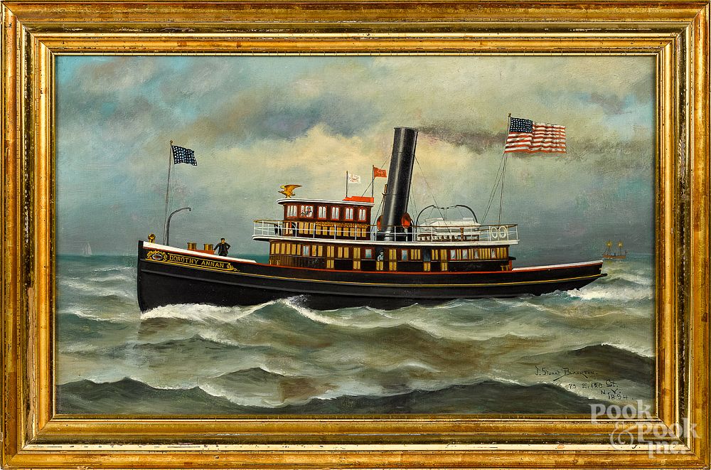 Appraisal: James Blackton oil on canvas of a tugboat James Blackton