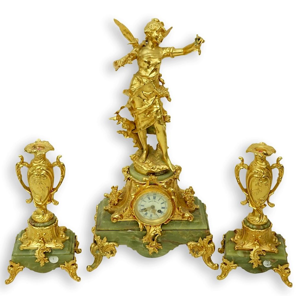 Appraisal: Three-Piece Louis XV Style Gilt Metal Clock Set Three-Piece Louis