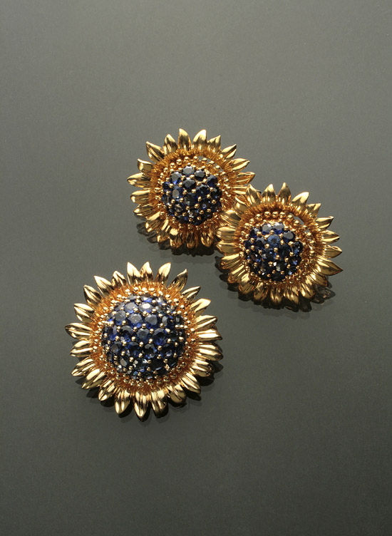 Appraisal: -Karat Yellow-Gold and Blue Sapphire Three-Piece Ensemble Consisting of a