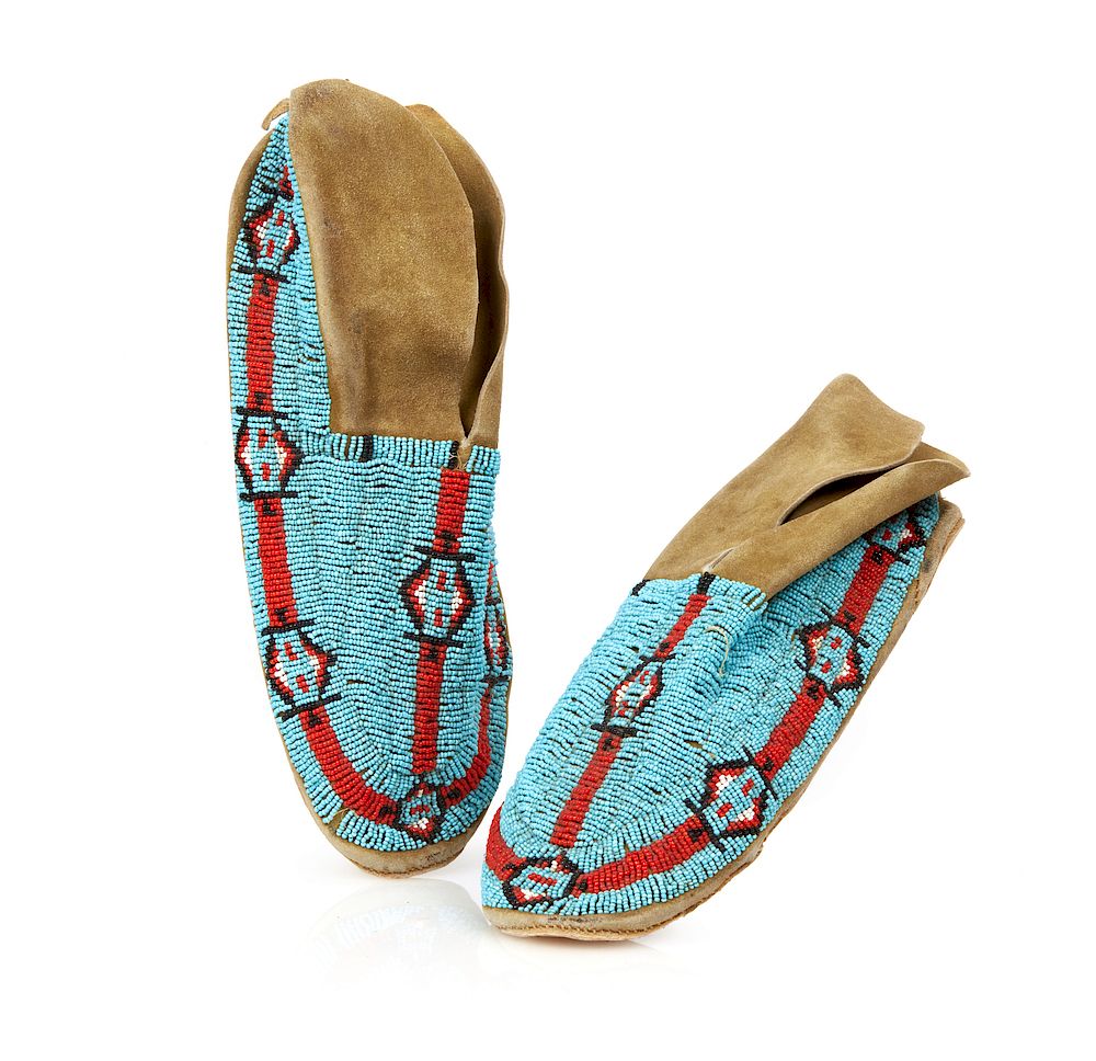 Appraisal: Native American Beaded Moccasins Native American beaded hide moccasins executed