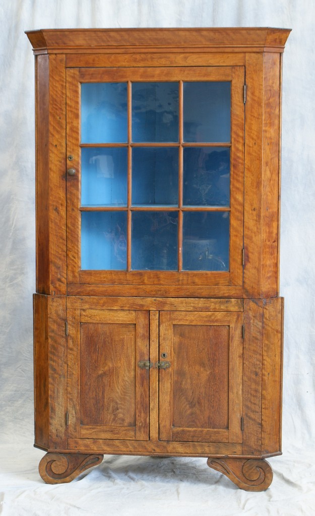 Appraisal: -Part walnut Federal corner cupboard with single -pane glazed door