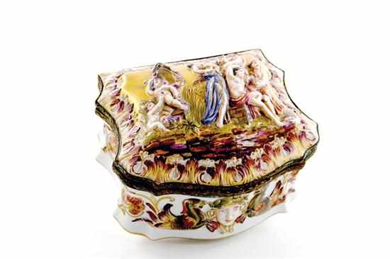 Appraisal: Capodimonte ceramic dresser box early th century cartouche-form hinged cover