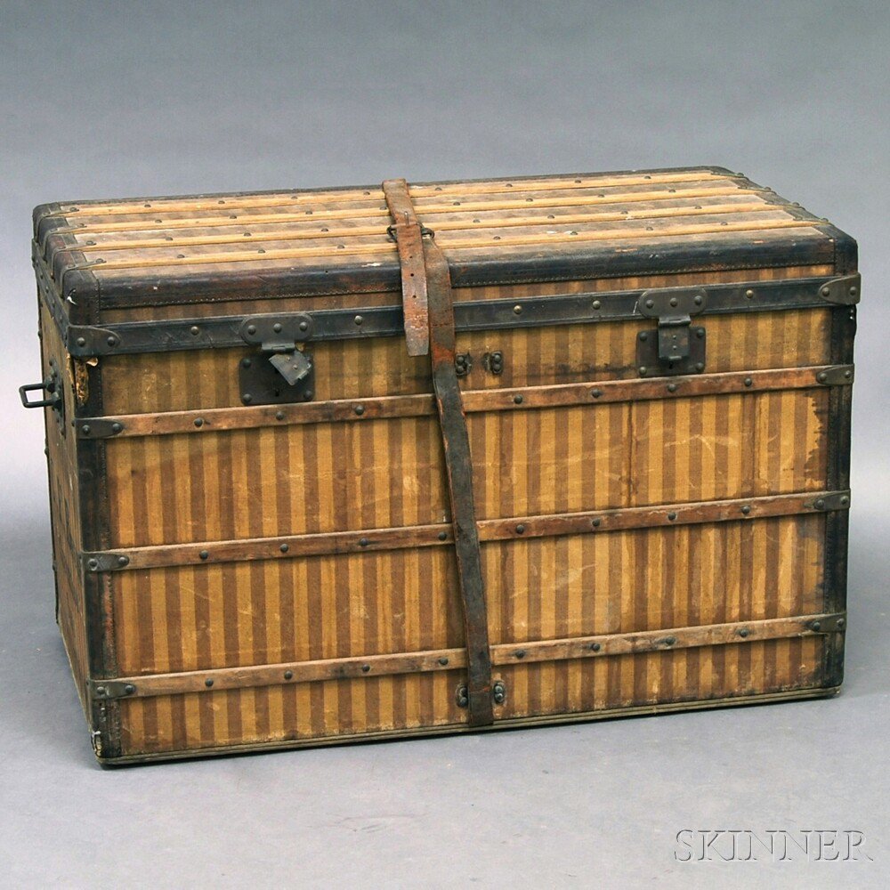 Appraisal: Louis Vuitton Striped Canvas Leather-bound Trunk late th century the