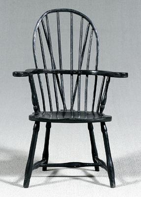 Appraisal: Black painted Windsor armchair brace back shaped arms plank seat