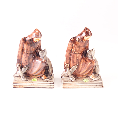 Appraisal: ROOKWOOD Pair of St Francis bookends the saint petting a