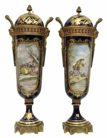 Appraisal: pair Sevres style porcelain cassolettes potpourri urns fitted with gilt