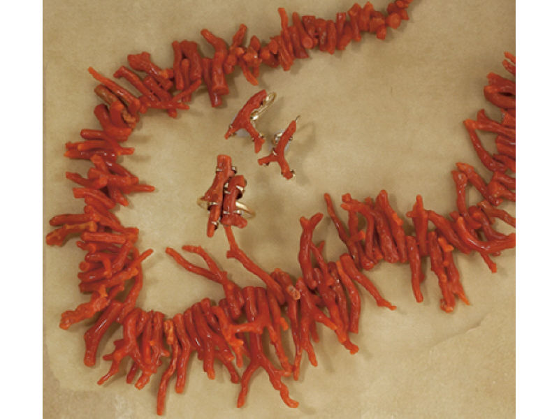 Appraisal: BRANCH CORAL SUITE Mediterranean red coral necklace earrings and ring