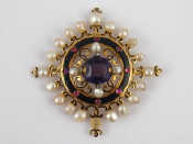 Appraisal: An antique carat gold natural pearl amethyst ruby diamond and