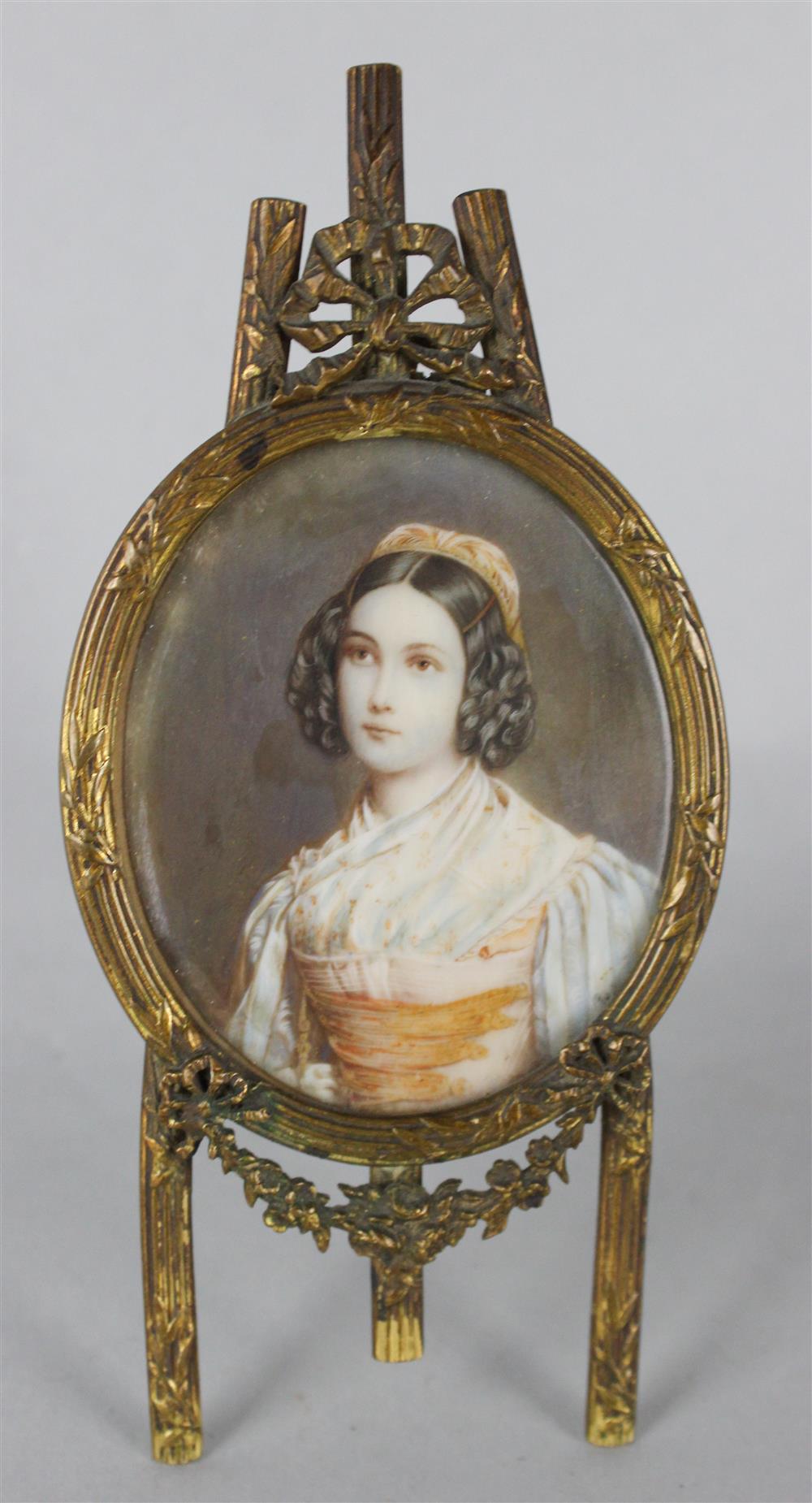 Appraisal: EUROPEAN SCHOOL MINIATURE YOUNG LADY Watercolor on ivory x in