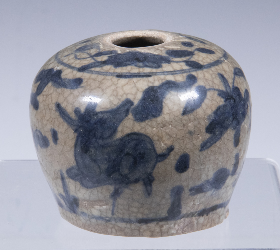 Appraisal: CHINESE POTTERY JAR Ming Style Blue and White Crackle Glaze