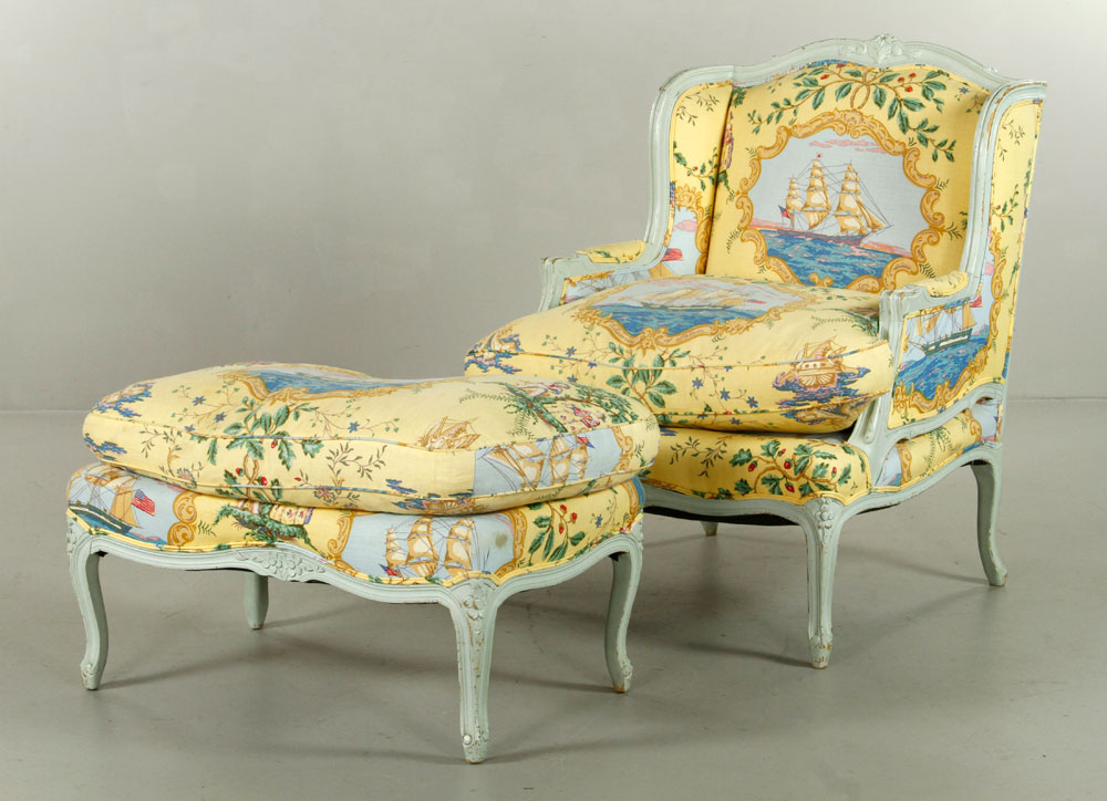 Appraisal: - French Ottoman and Painted Armchair French painted armchair and