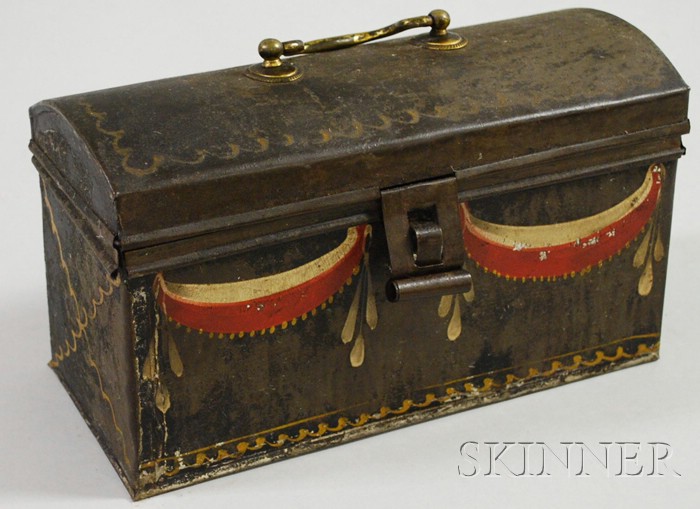 Appraisal: Paint-decorated Tinware Dome-top Document Box with brass swing handle red