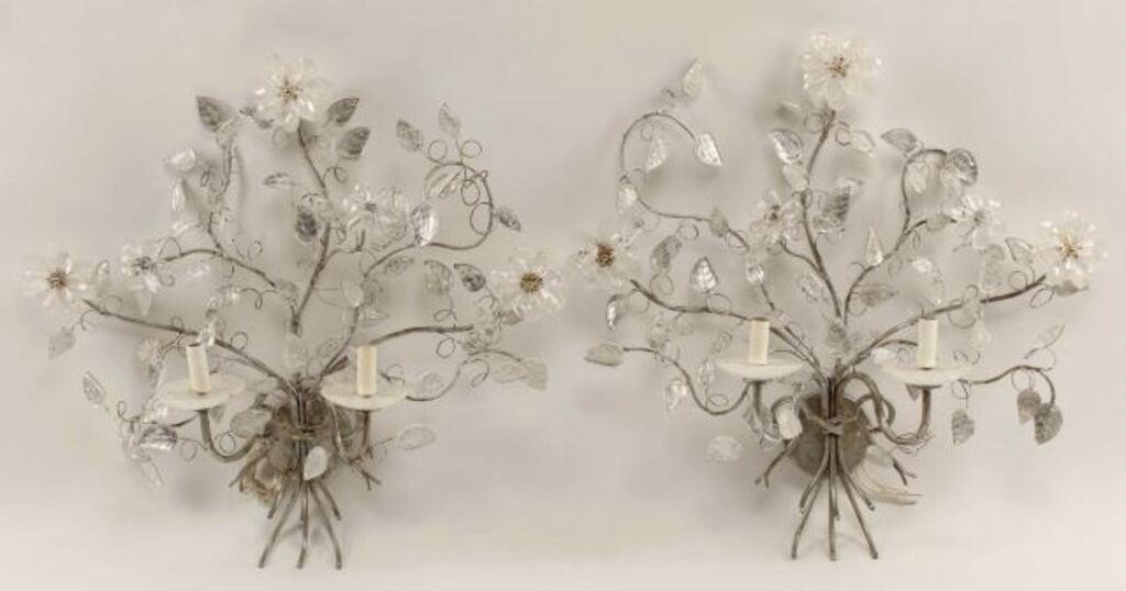 Appraisal: pair Silvered metal and rock crystal two-light sconces in the