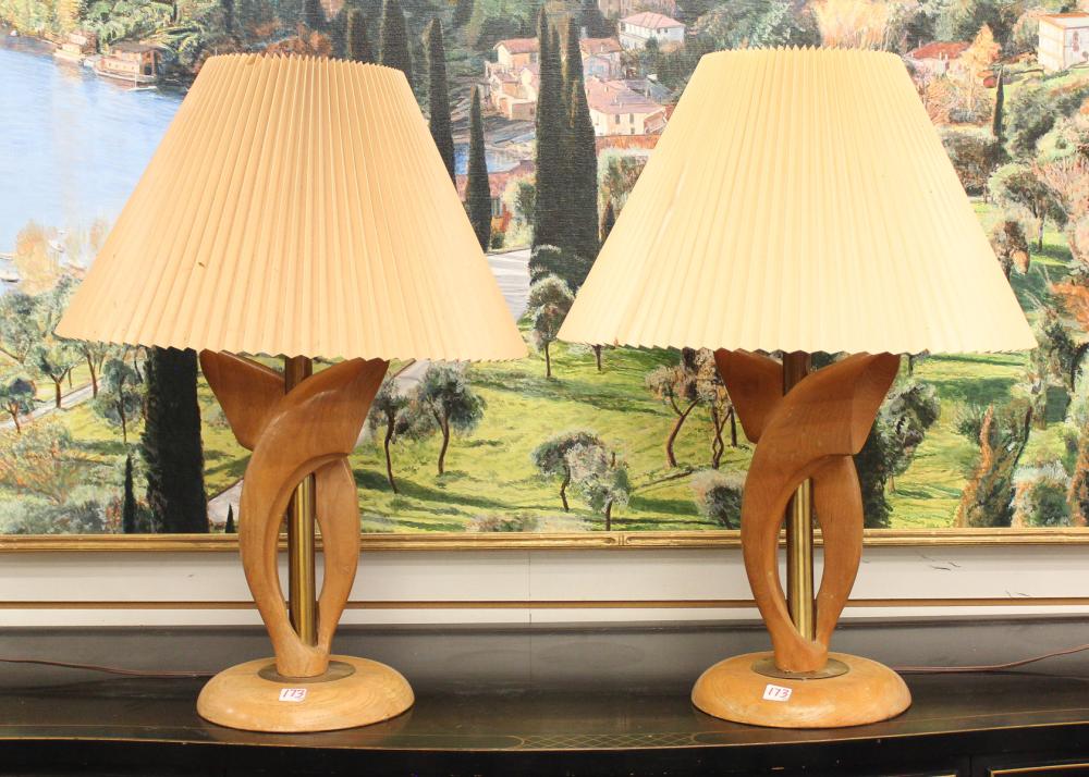 Appraisal: PAIR OF BRASS WOOD MID-CENTURY MODERN TABLE LAMPS American c