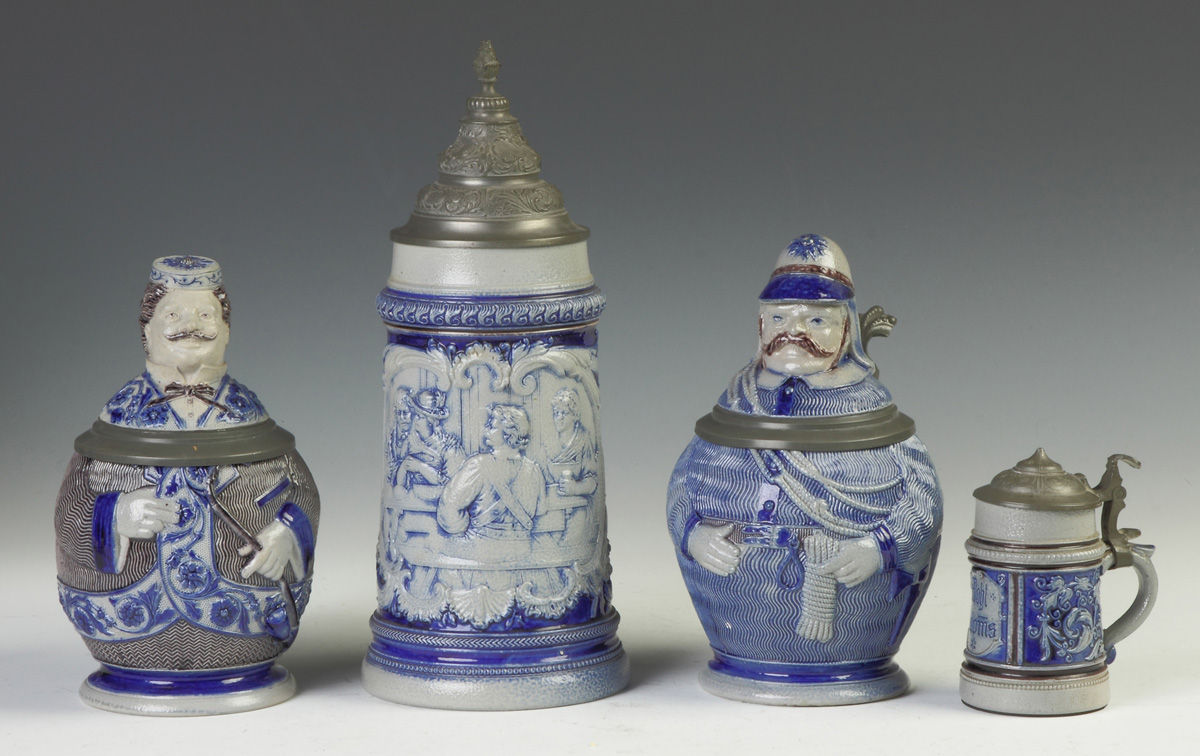 Appraisal: Four German Salt Glazed Cobalt Blue Decorated Steins L to