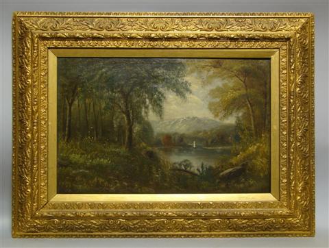 Appraisal: MOUNTAIN LAKE LANDSCAPE Oil on canvas x in Framed