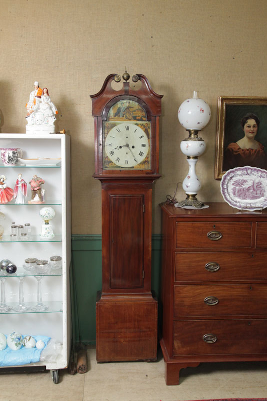 Appraisal: TALL CASE CLOCK Brass works painted tin dial and mahogany