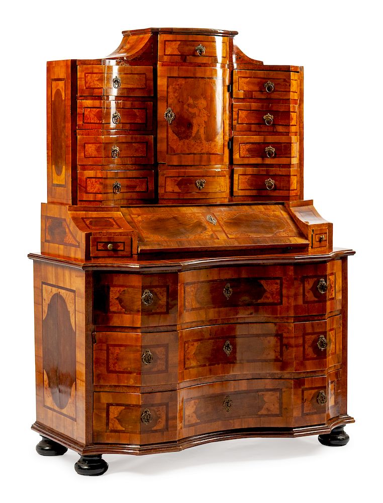 Appraisal: A South German Rococo Inlaid Walnut Secretary Cabinet A South