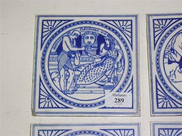 Appraisal: FOUR MINTON TILES blue and white depicting Shakespearean scenes including