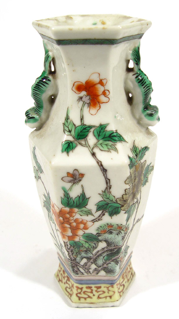 Appraisal: Hexagonal Oriental porcelain vase with Dog of Foo handles enamelled