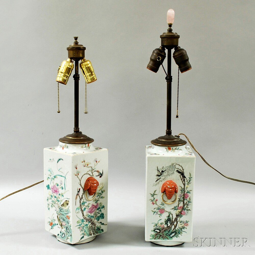 Appraisal: Pair of Famille Rose Lamps the rectangular vases with circular