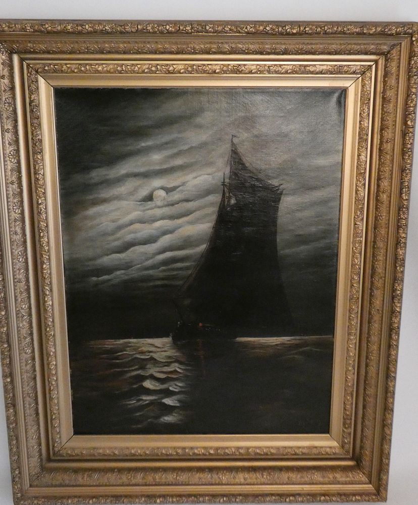 Appraisal: H JEFFREY MOONLIGHT SAILBOAT PAINTING Antique oil painting on canvas