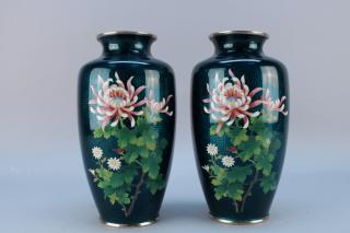 Appraisal: Pair Green Ground Japanese Cloisonne Vases Pair Green Ground Japanese