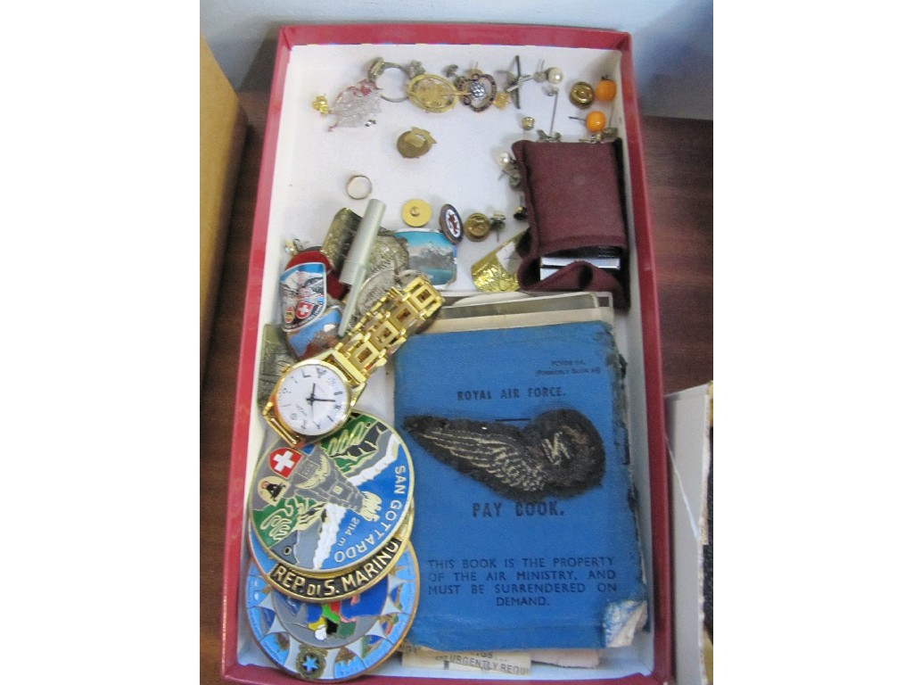 Appraisal: Box of assorted badges masonic watch RAF pay books etc